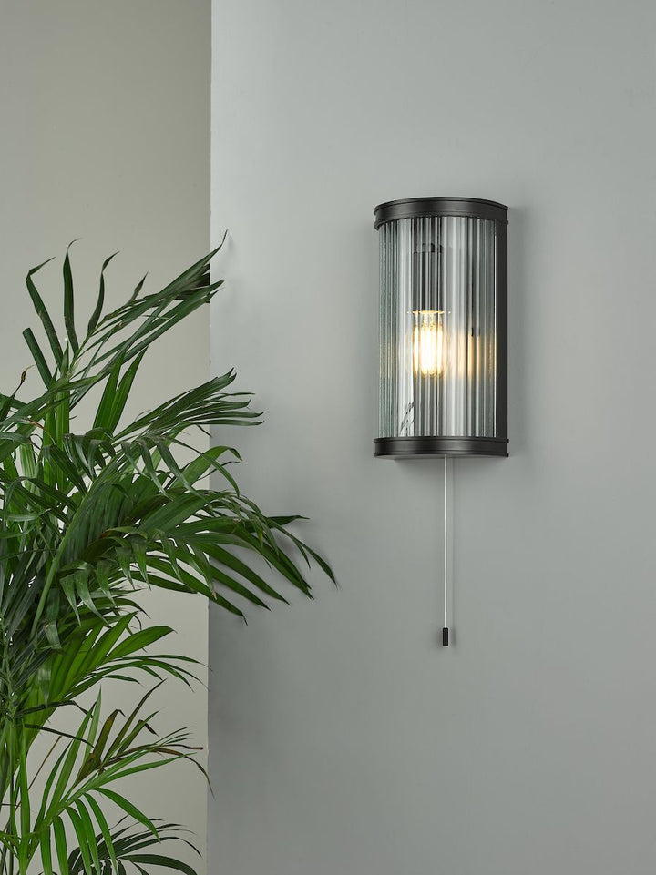 Dar Lighting ANU0722 | Anund 1-Light Bathroom Wall Light | Matt Black & Ribbed Glass