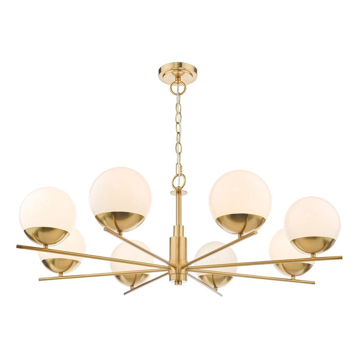 Dar BOM0835 | Bombazine 8 Light Pendant | Natural Brass | Opal Glass