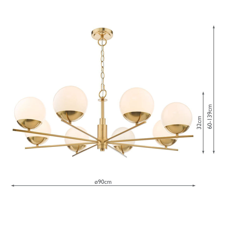 Dar BOM0835 | Bombazine 8 Light Pendant | Natural Brass | Opal Glass