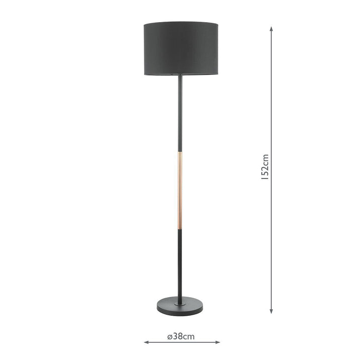 Dar KEL4964 Kelso 1 Light Floor Lamp Matt Black Polished Copper With Shade