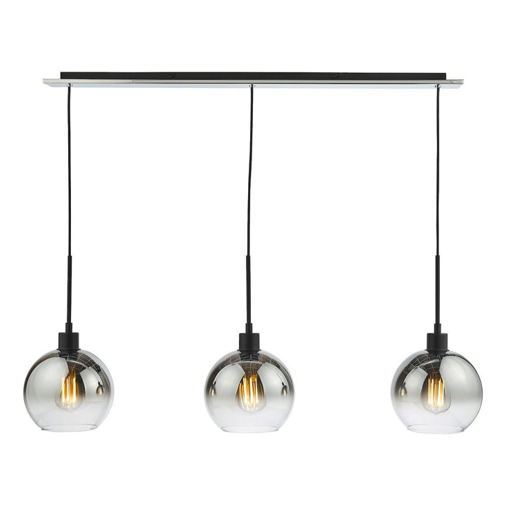 Dar LYC0322 | Lycia | Matt Black 3 Light Bar Pendant | Ombre Smoked Glass