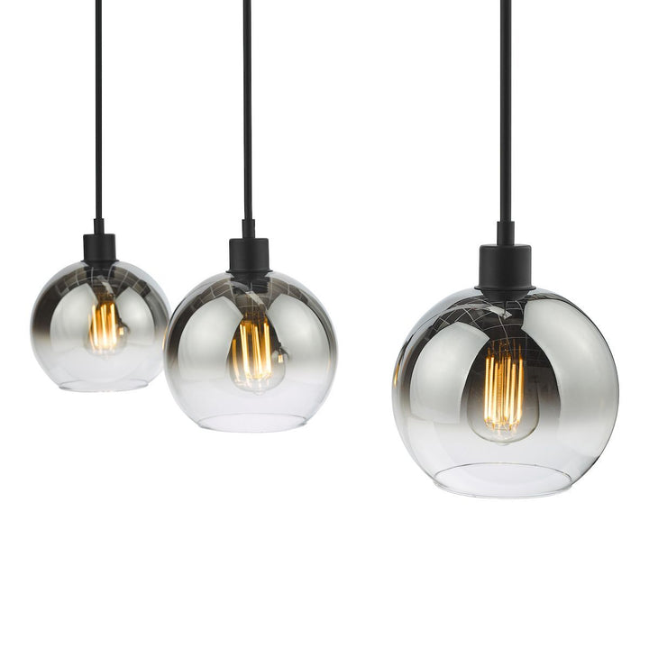 Dar LYC0322 | Lycia | Matt Black 3 Light Bar Pendant | Ombre Smoked Glass