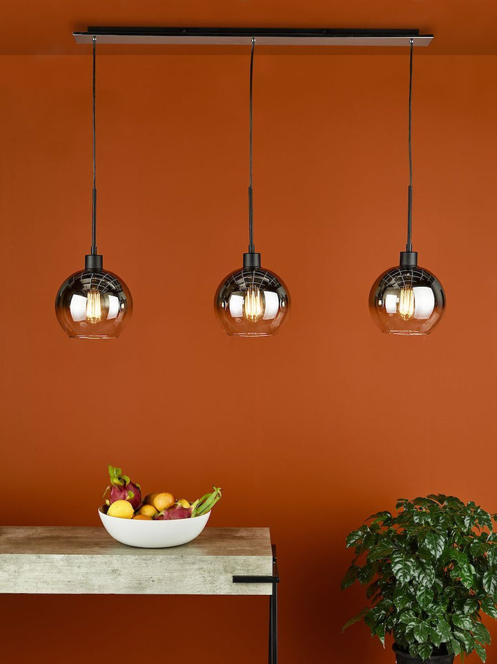 Dar LYC0322 | Lycia | Matt Black 3 Light Bar Pendant | Ombre Smoked Glass