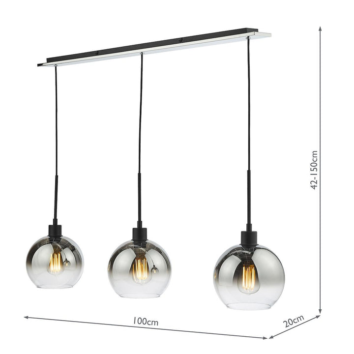 Dar LYC0322 | Lycia | Matt Black 3 Light Bar Pendant | Ombre Smoked Glass