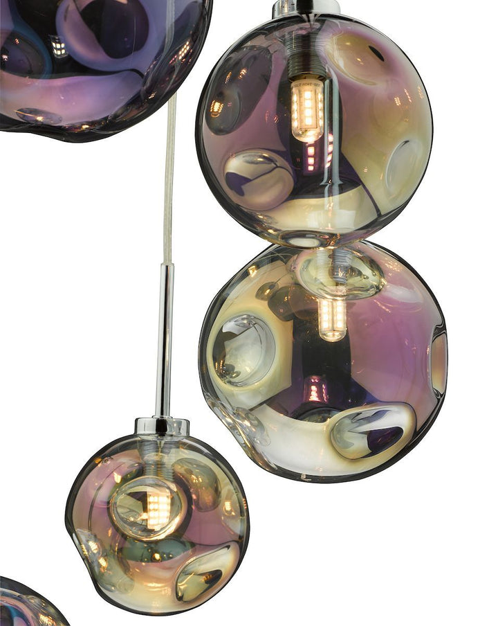 Dar MIR0655 | Mira 6 Light Cluster Pendant | Polished Chrome with Iridised Glass