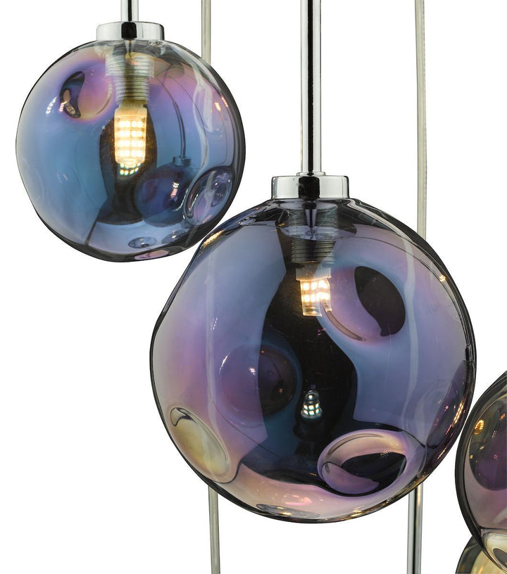 Dar MIR0655 | Mira 6 Light Cluster Pendant | Polished Chrome with Iridised Glass
