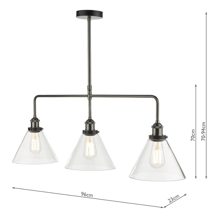Dar RAY0338 | Ray Bar Pendant | 3 Light Antique Nickel with Clear Glass