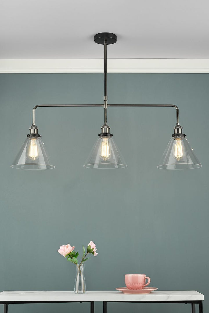 Dar RAY0338 | Ray Bar Pendant | 3 Light Antique Nickel with Clear Glass