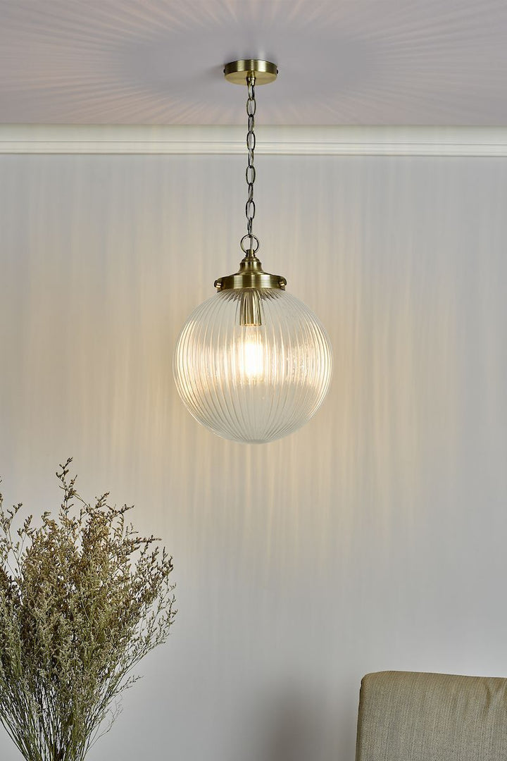 Dar TAM0175 | Tamara | Single Pendant | Antique Brass Ribbed Glass