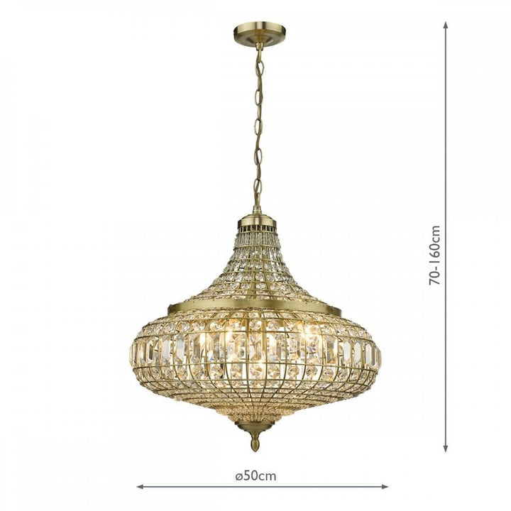 Dar ASM0675 | Asmara Pendant | 6 Light | Antique Brass & Crystal