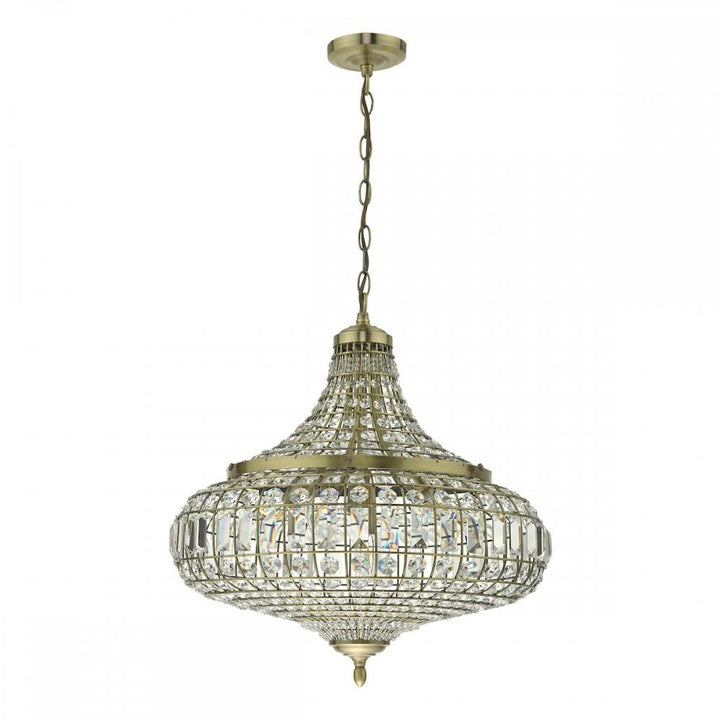Dar ASM0675 | Asmara Pendant | 6 Light | Antique Brass & Crystal