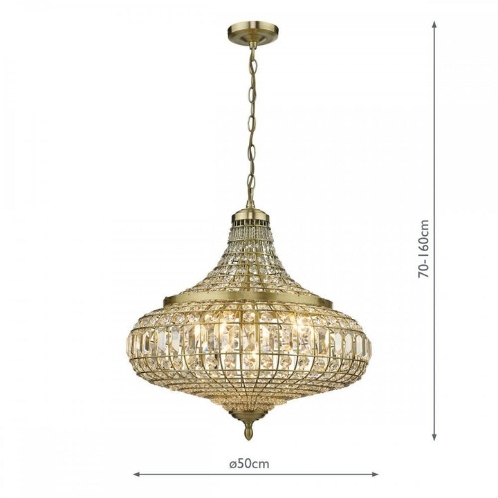 Dar ASM0675 | Asmara Pendant | 6 Light | Antique Brass & Crystal