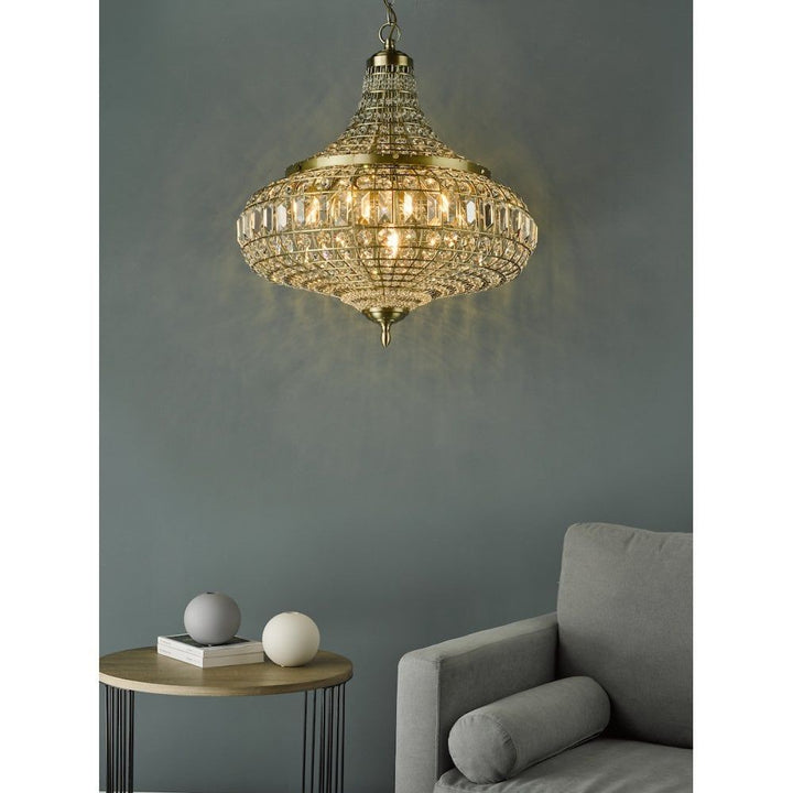 Dar ASM0675 | Asmara Pendant | 6 Light | Antique Brass & Crystal