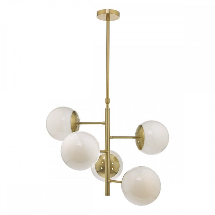 Dar BOM0535 | Bombazine | 5 Light Pendant | Natural Brass | Opal Glass