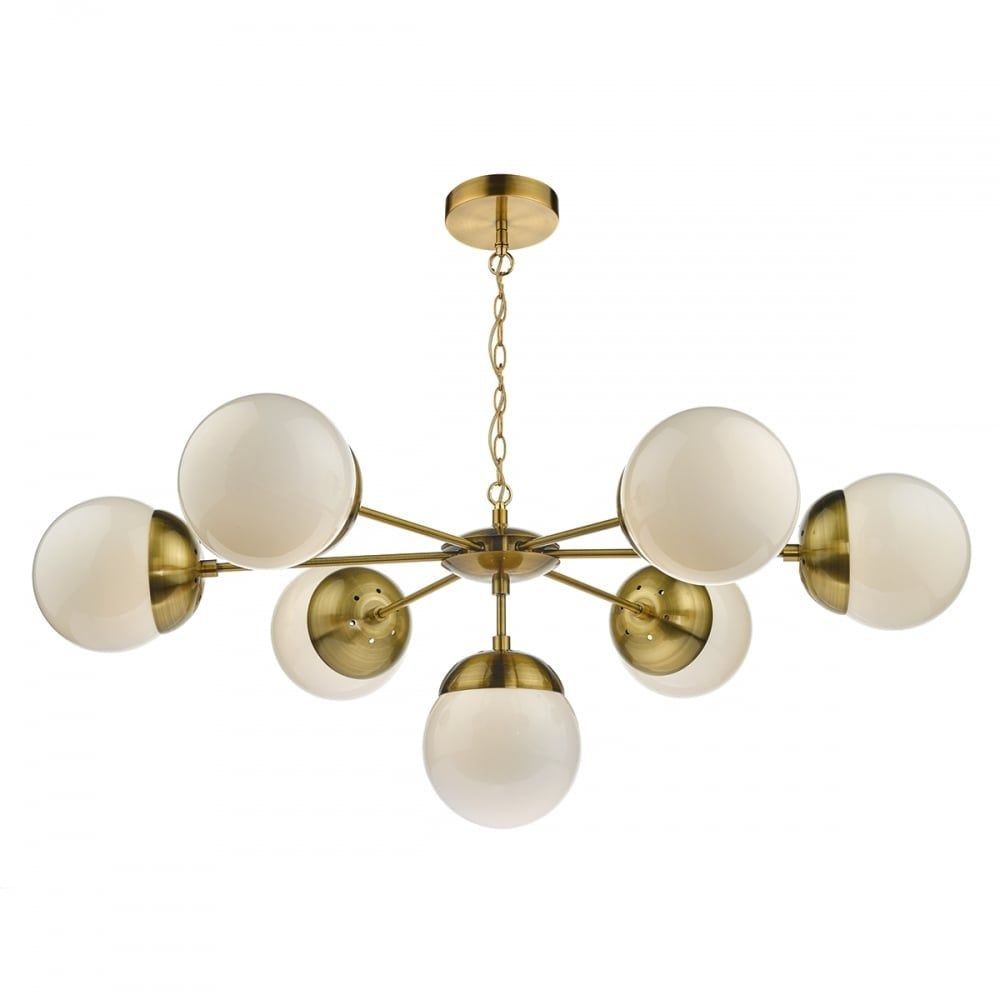 Dar BOM3435 | Bombazine 7 Light Pendant | Antique Brass | Opal Glass