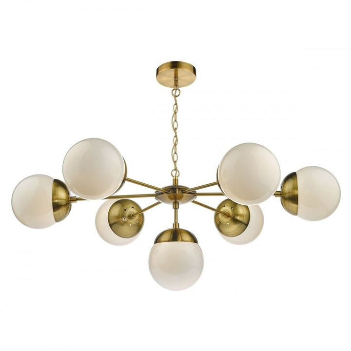Dar BOM3435 | Bombazine 7 Light Pendant | Antique Brass | Opal Glass