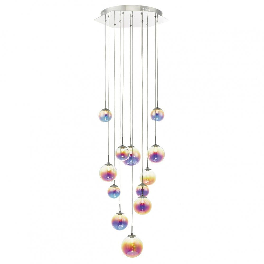 Dar CES1250 | Cesario | 12-Light LED Cluster Pendant | Chrome & Multi-Coloured Glass