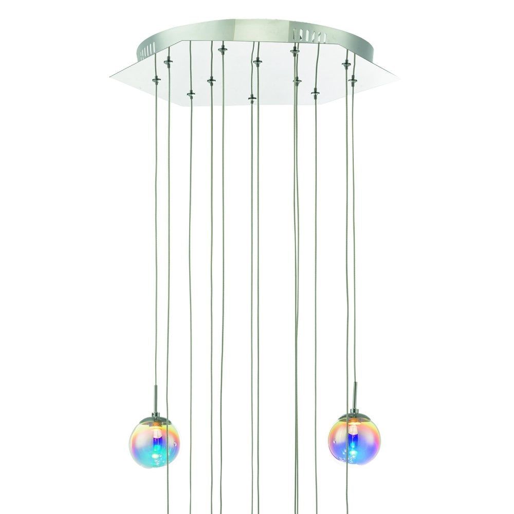 Dar CES1250 | Cesario | 12-Light LED Cluster Pendant | Chrome & Multi-Coloured Glass