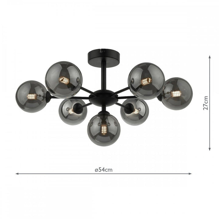 Dar Lighting COH3422-01 | Cohen | 7 Light Semi Flush | Matt Black & Smoked Glass