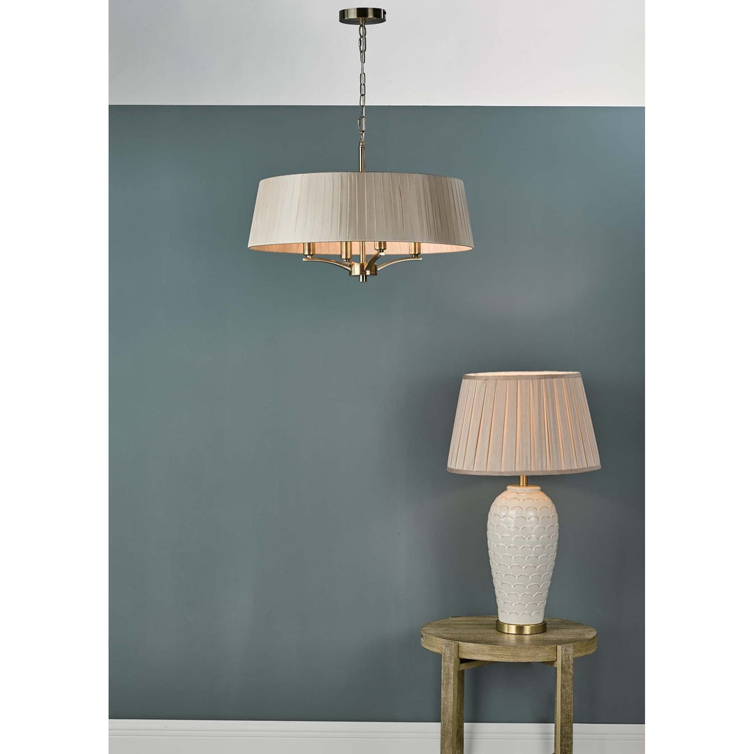 Dar CRI0429 | Cristin 4 Light Pendant | Antique Brass & Taupe Shade