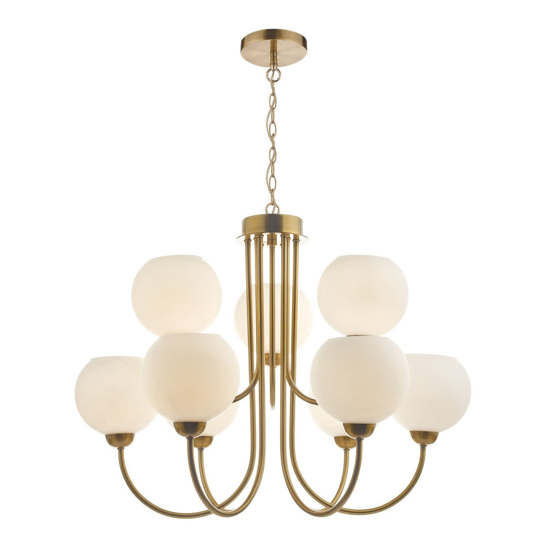 Dar IND1335 | Indra Pendant | 9 Light | Natural Brass and Opal Glass
