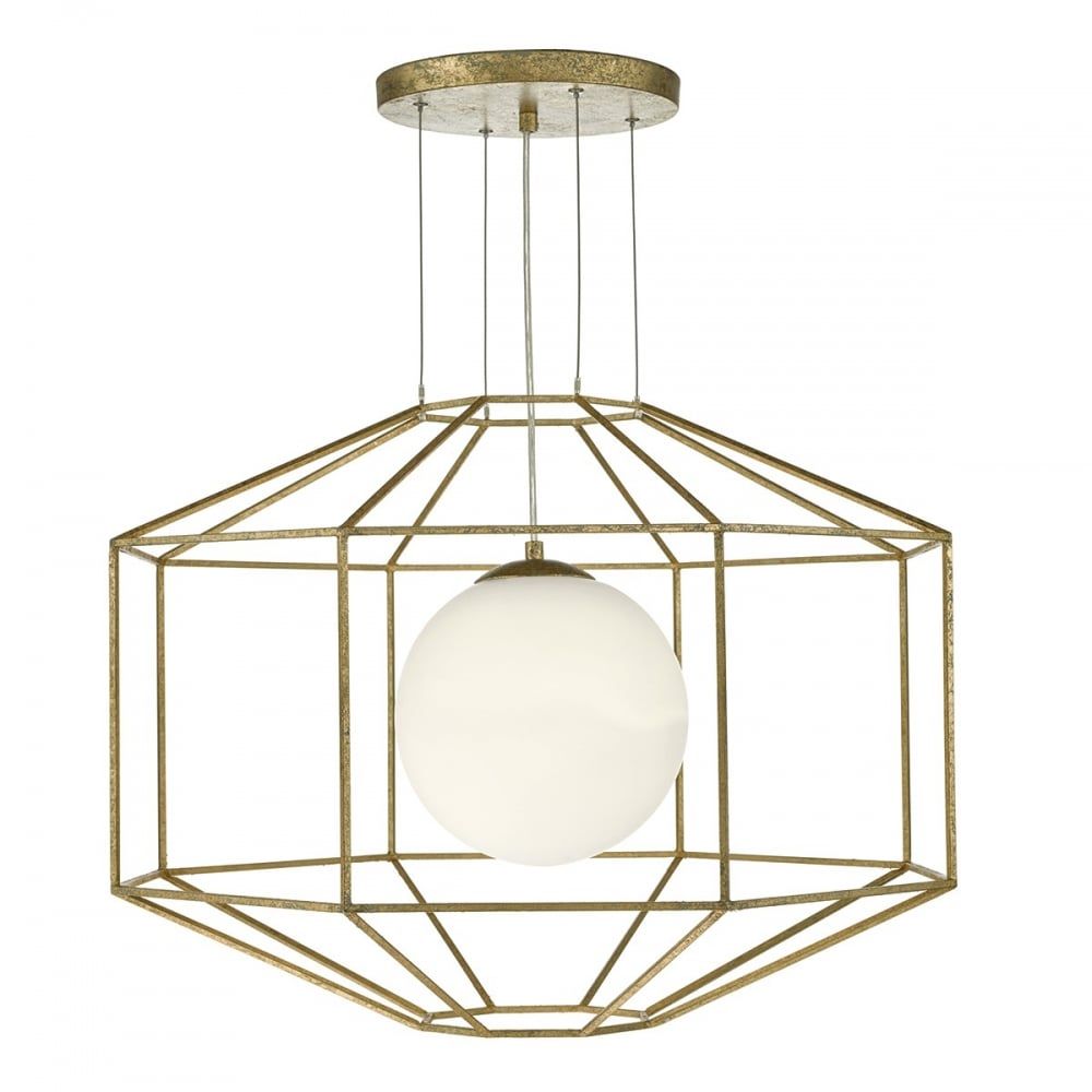 Dar IZM0135 | Izmir Pendant Light | Hexagonal Gold with Opal Glass