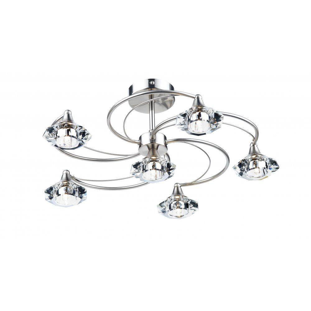 Dar LUT0646 | Luther | 6 Light Semi-Flush Ceiling Fixture | Satin Chrome & Crystal