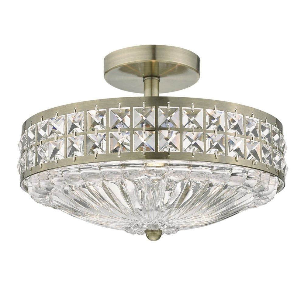 Dar OLO5375 | Olona 3 Light Semi Flush | Antique Brass & Clear Crystal