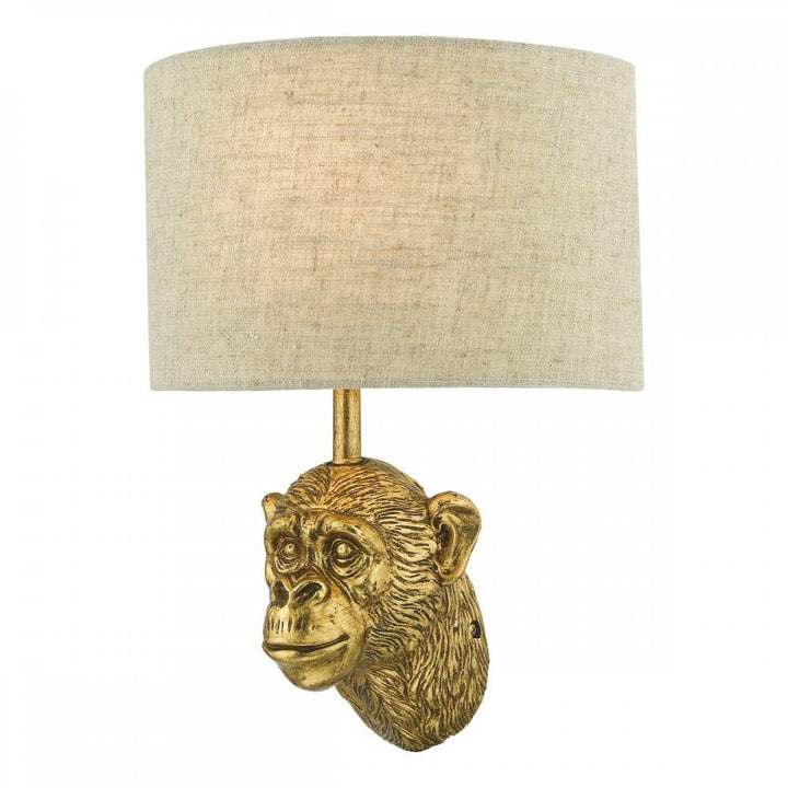 Dar RAU0735 | Raul Monkey Wall Light | Gold Finish with Natural Linen Shade