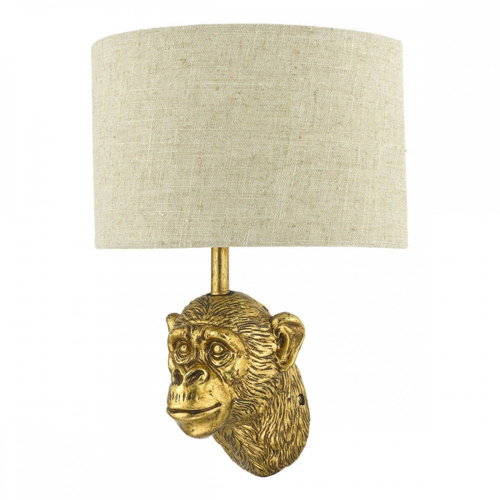 Dar RAU0735 | Raul Monkey Wall Light | Gold Finish with Natural Linen Shade