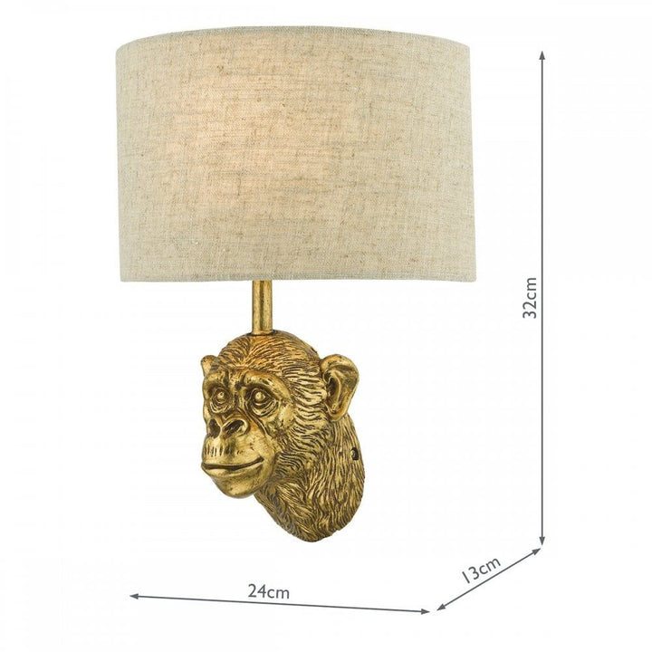 Dar RAU0735 | Raul Monkey Wall Light | Gold Finish with Natural Linen Shade