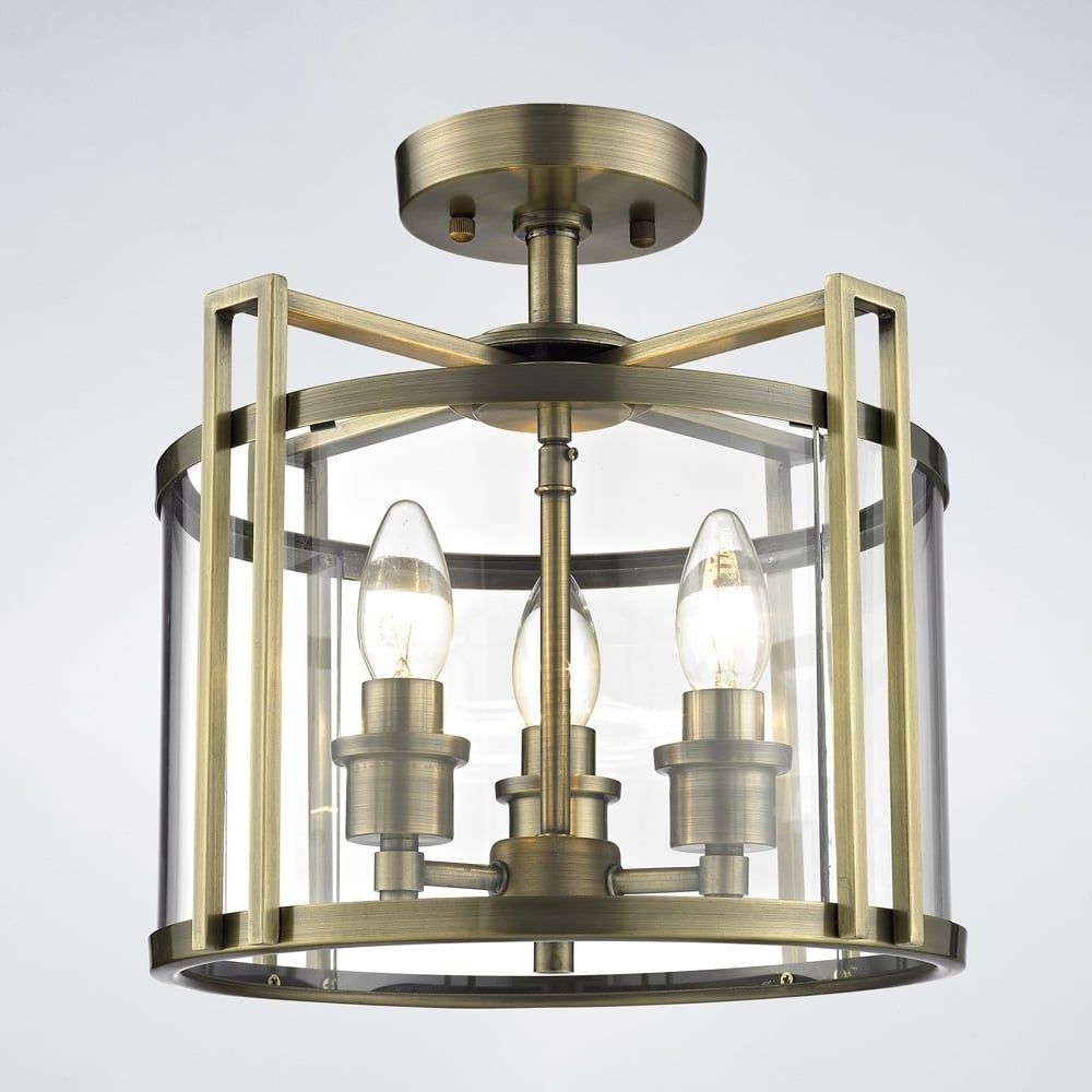 Diyas IL31090 Eaton Semi Ceiling Antique Brass/glass