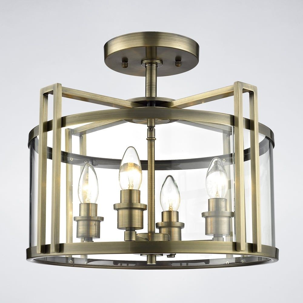 Diyas IL31091 Eaton Semi Ceiling Antique Brass/glass