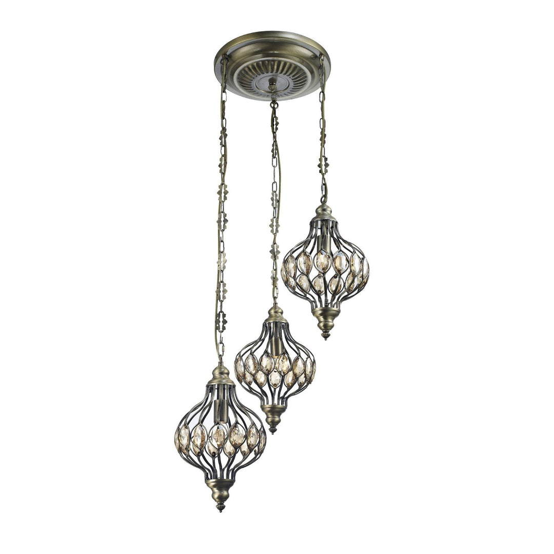 Diyas IL31572 Marisa Triple Pendant Round 3 Light E27 Antique Brass/Amber Crystal