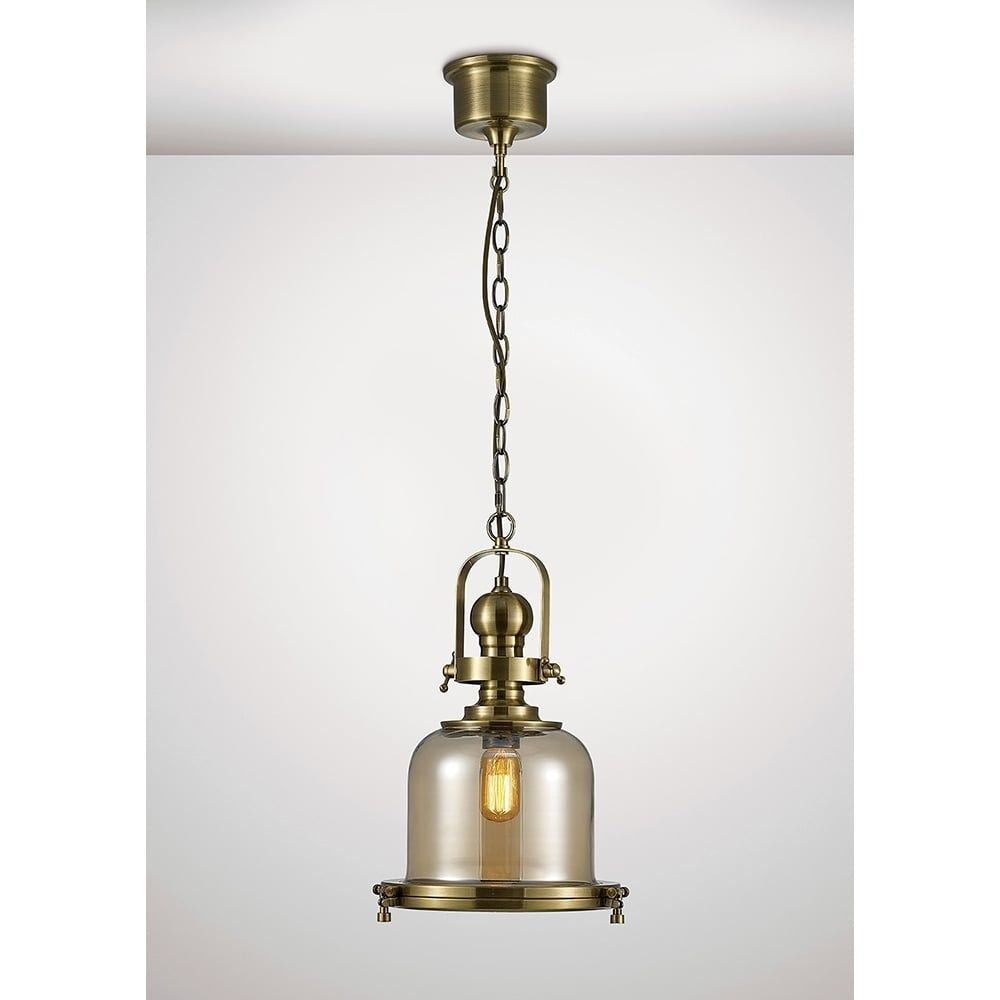 Diyas IL31593 Riley Single Small Bell Pendant Brass/Cognac Glass