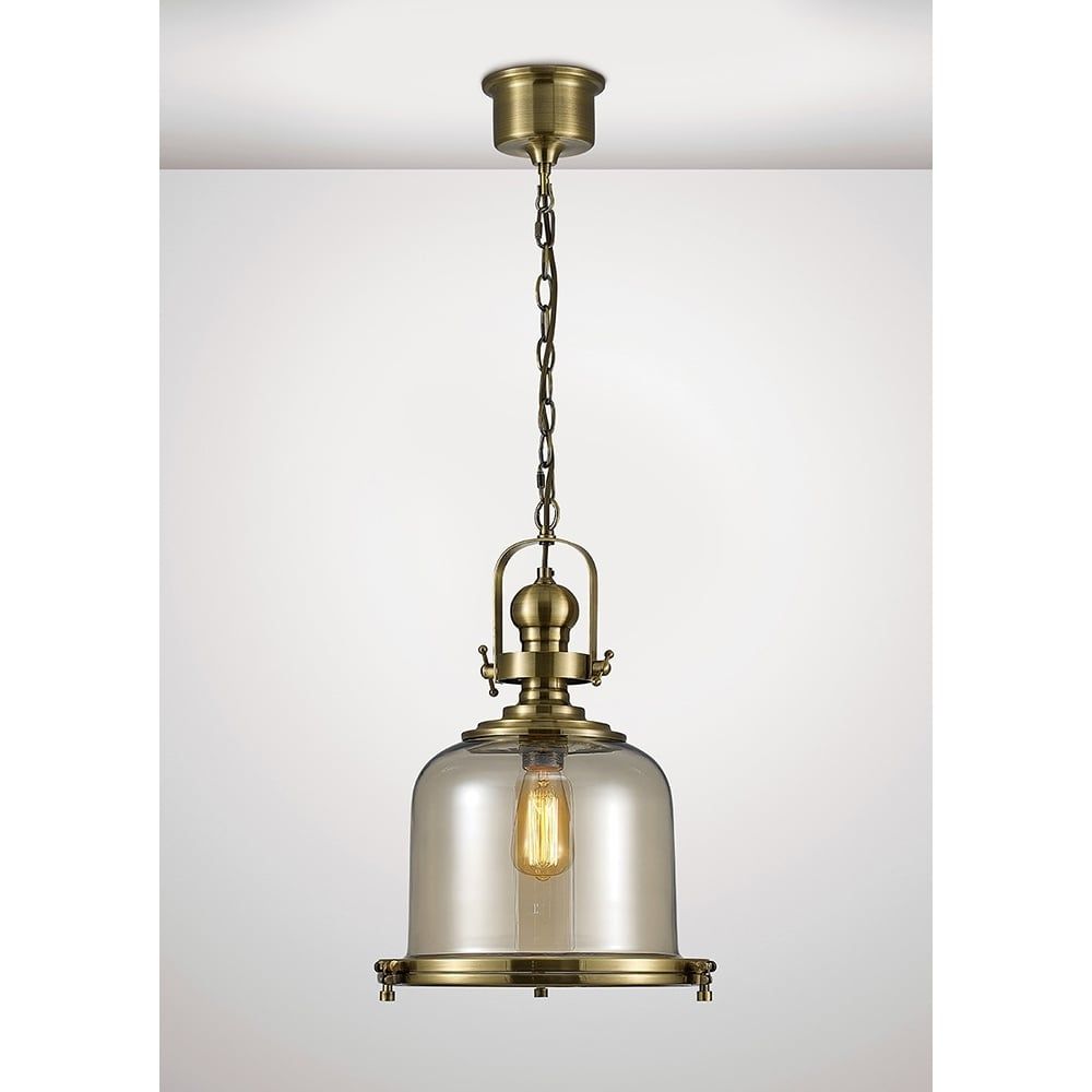 Diyas IL31594 Riley Single Medium Bell Pendant Brass/Cognac Glass