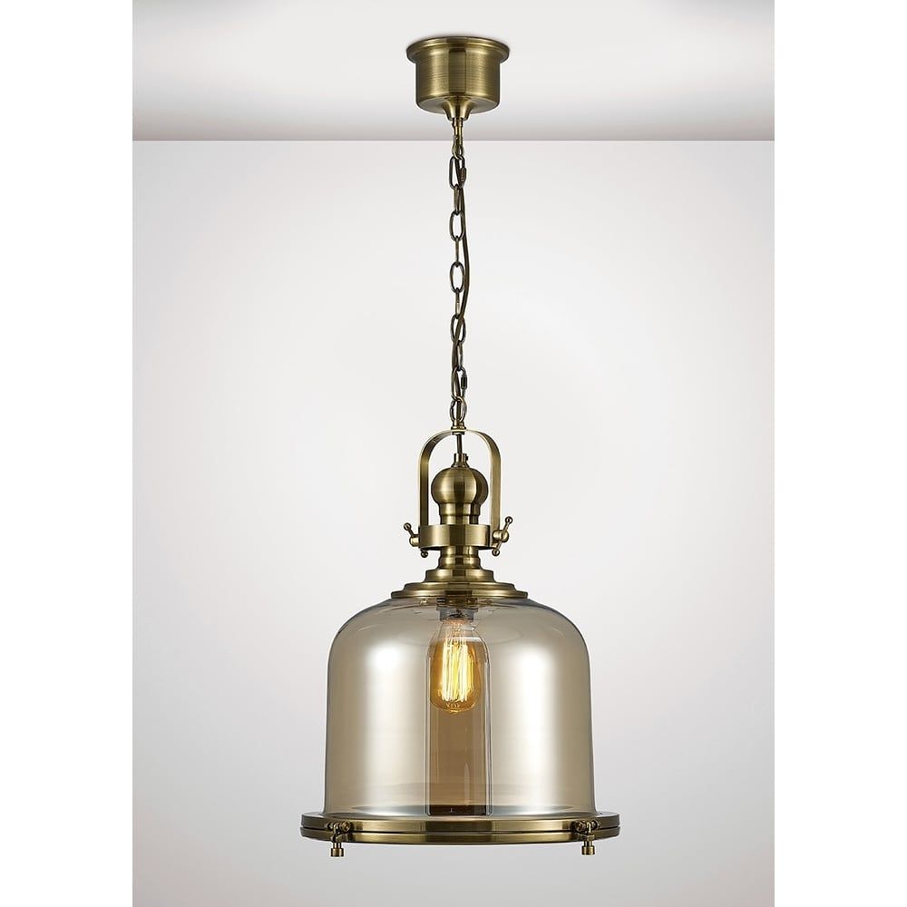Diyas IL31595 Riley Single Large Bell Pendant Brass/Cognac Glass
