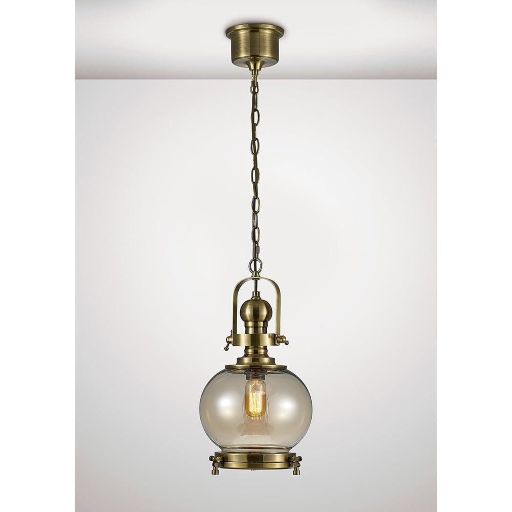 Diyas IL31596 Riley Single Small Ball Pendant Brass/Cognac Glass