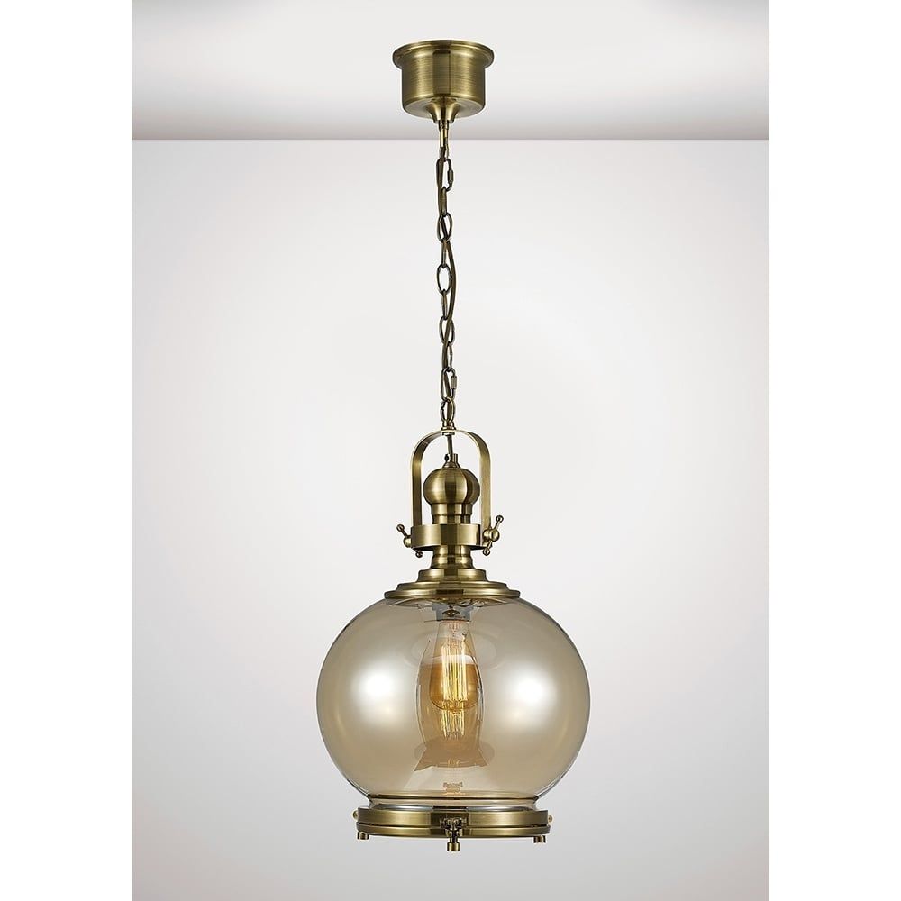 Diyas IL31597 Riley Single Medium Ball Pendant Brass/Cognac Glass