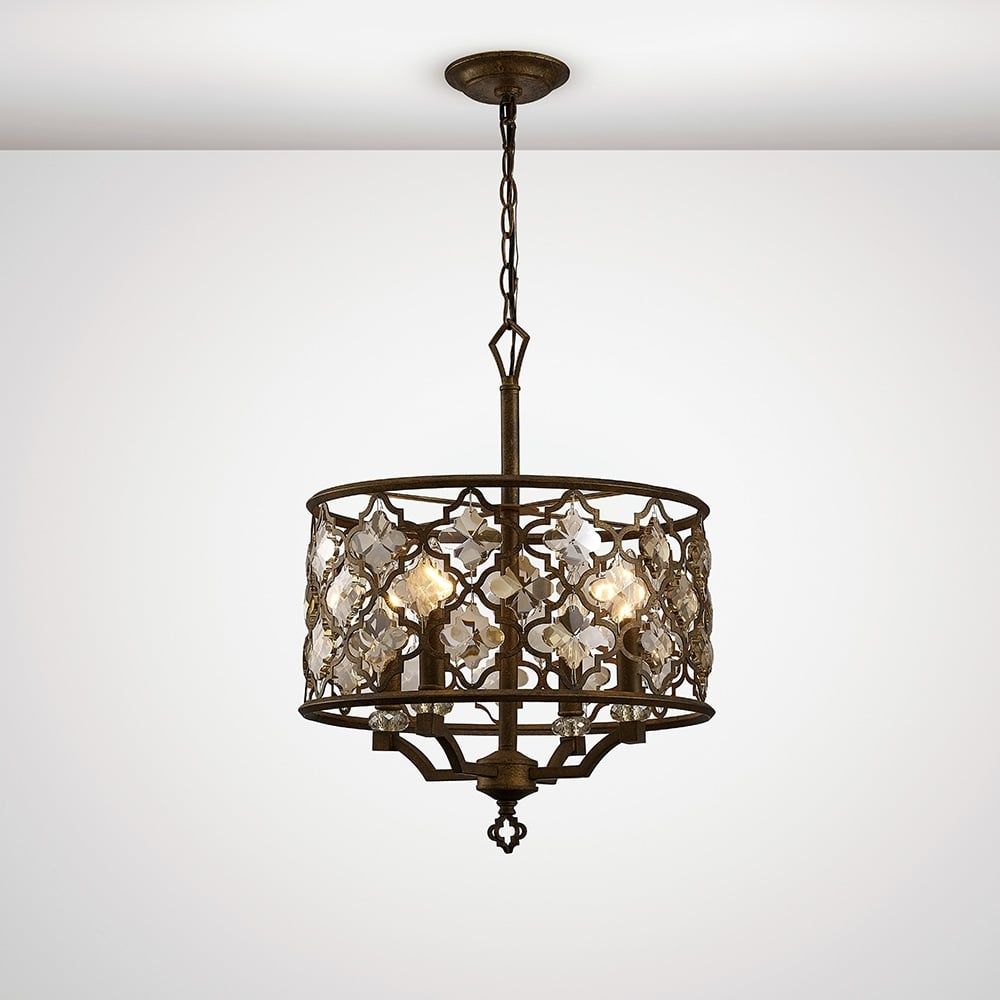 Diyas IL31695 Indie Pendant 4 Light Round Mocha/Teak Plated Crystal