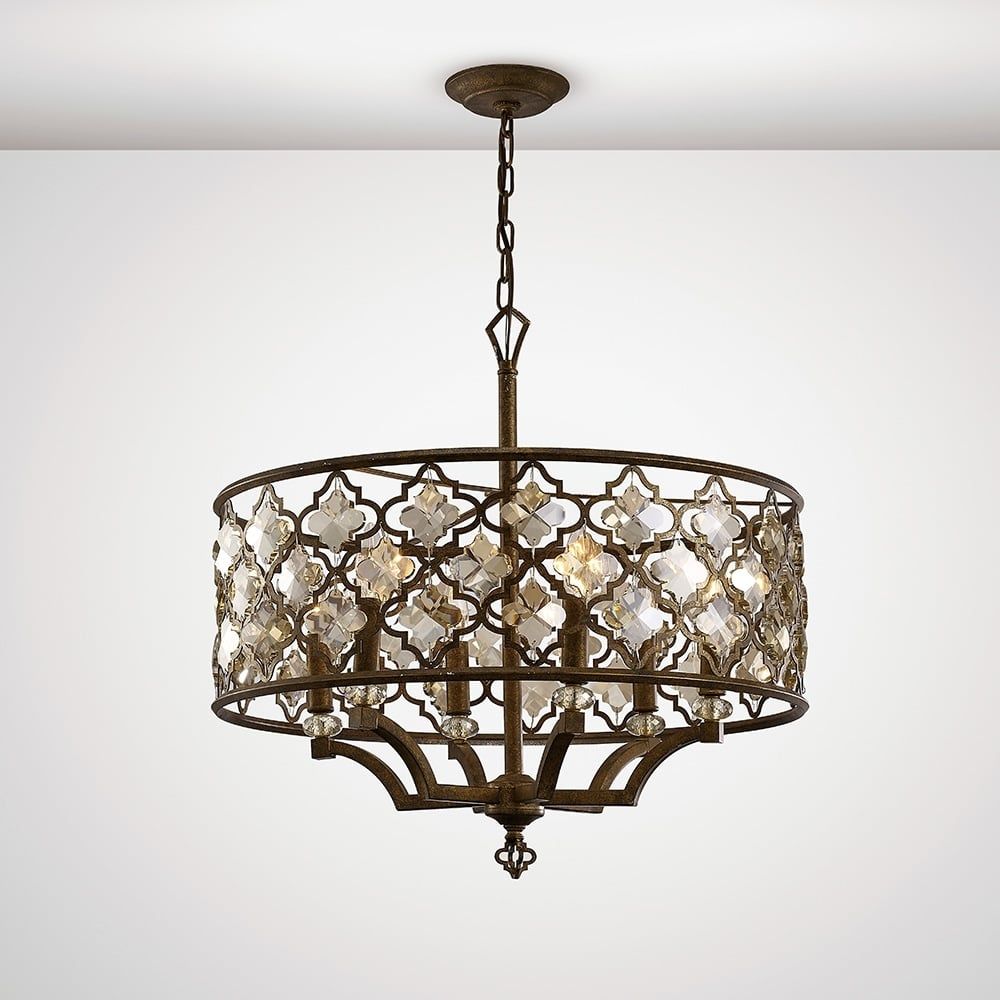 Diyas IL31696 Indie Pendant 6 Light Round Mocha/Teak Plated Crystal