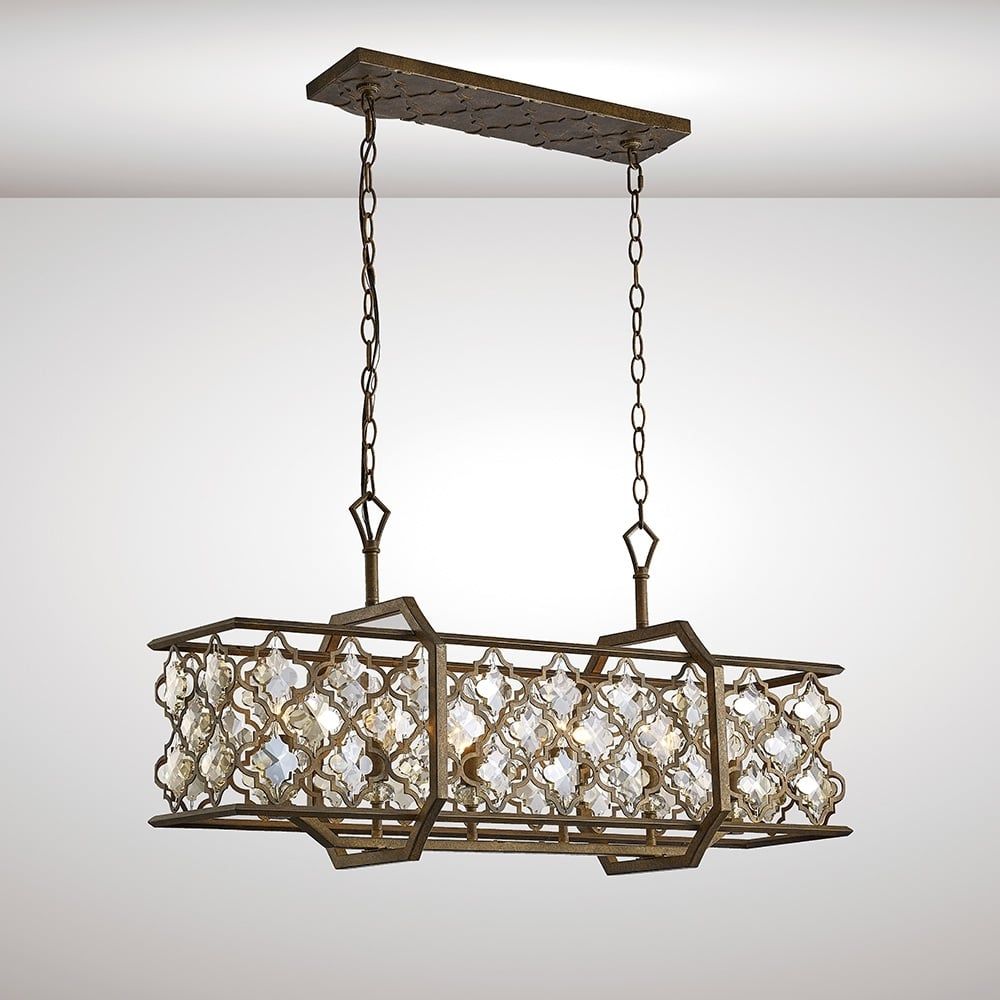 Diyas IL31697 Indie Pendant 6 Light Rectangle Mocha/Teak Crystal