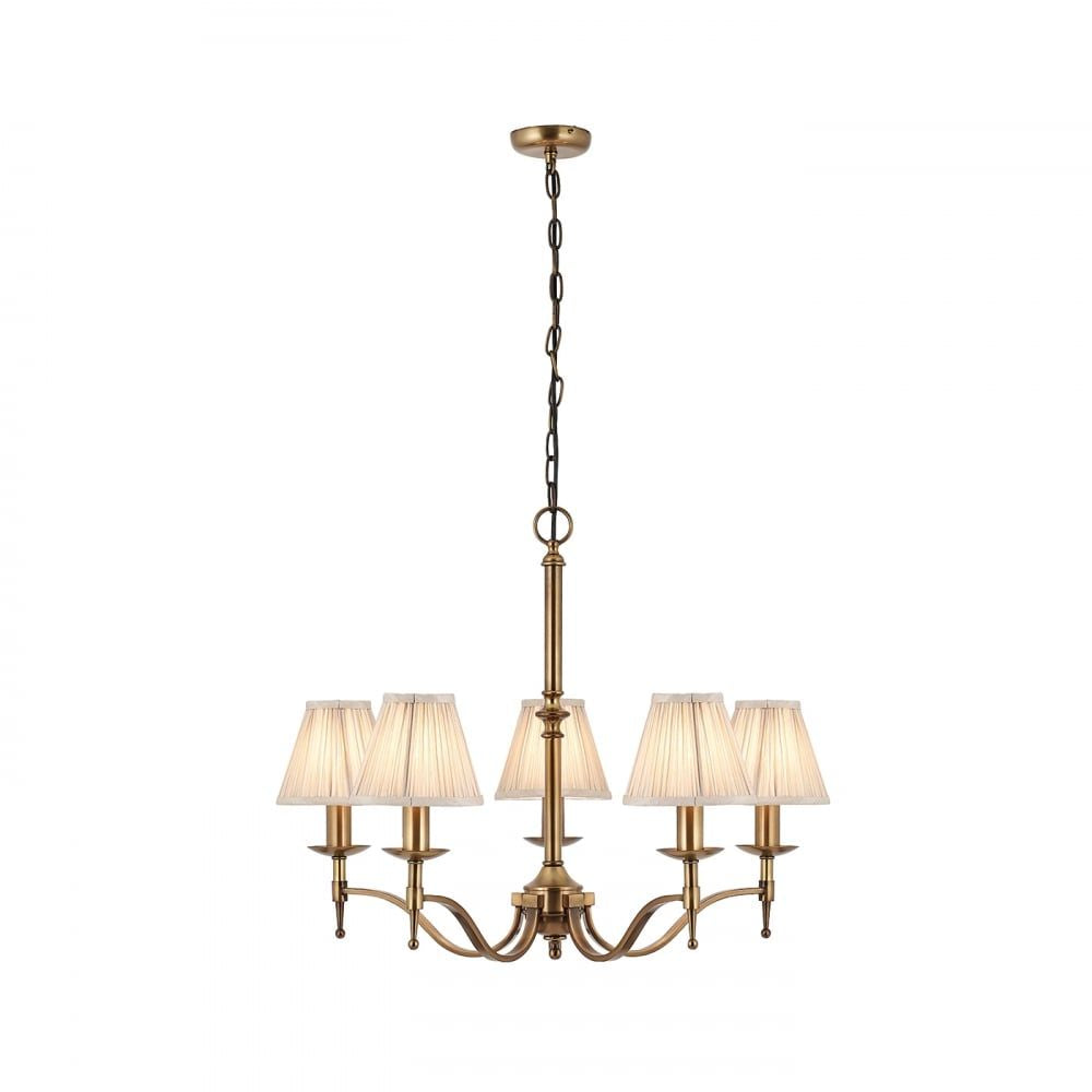 Interiors 1900 63627 Stanford Antique Brass 5 Light Pendant Beige Shades