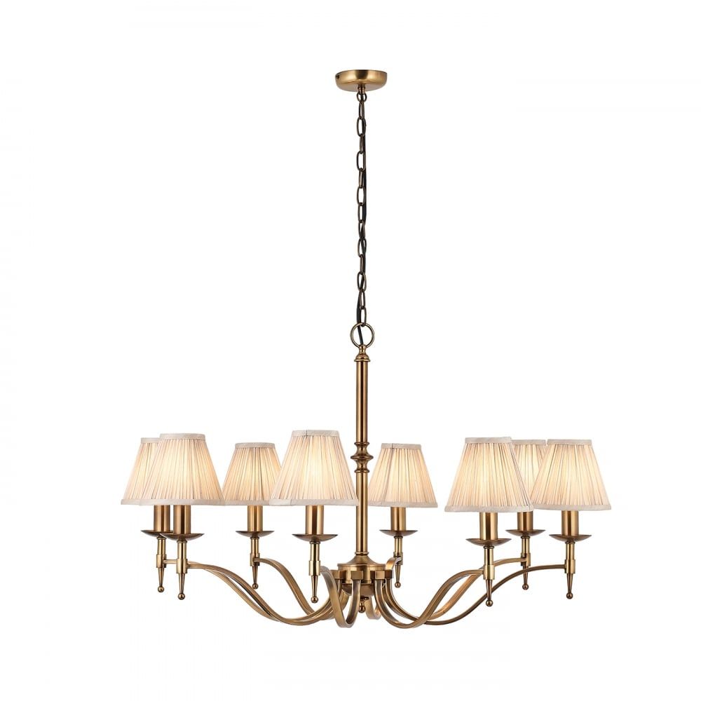 Interiors 1900 63629 Stanford Antique Brass 8 Light Pendant Beige Shades
