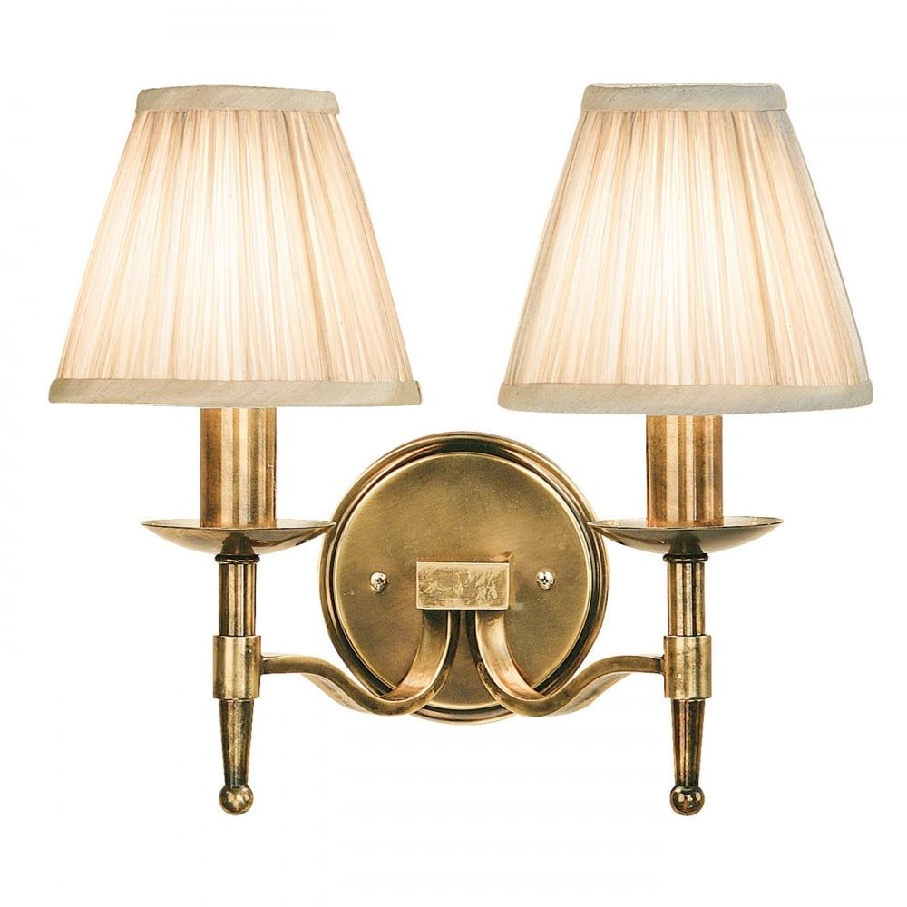 Interiors 1900 63654 Stanford Antique Brass Twin Wall Light Beige Shades