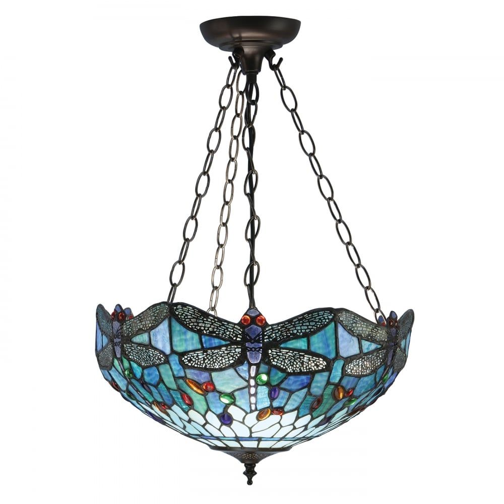 Interiors 1900 64075 Dragonfly Blue Tiffany Medium Inverted 3 Light Pendant