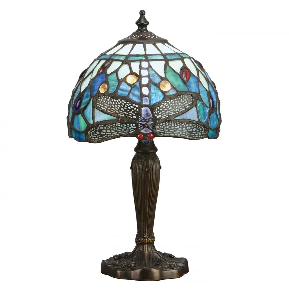 Interiors 1900 64088 | Dragonfly Blue Tiffany Table Lamp | Bronze Effect