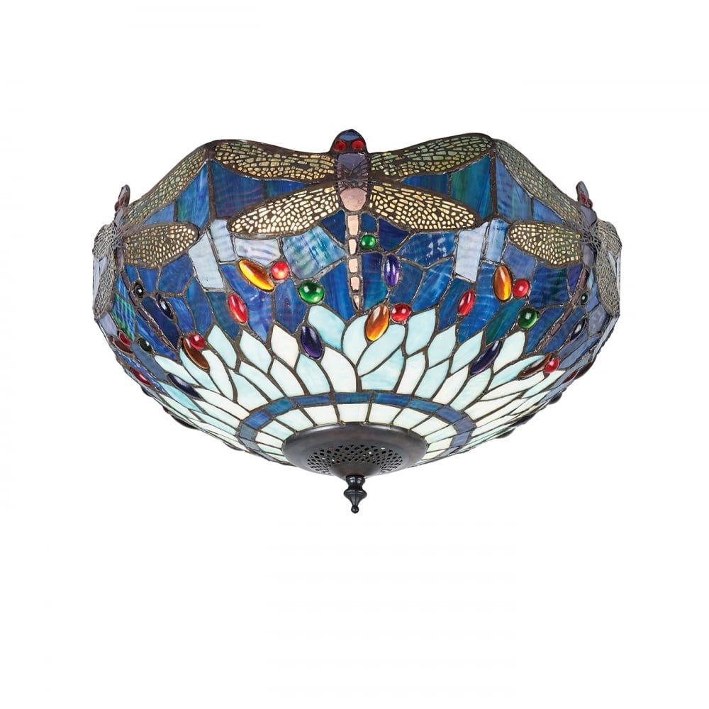 Interiors 1900 70722 Dragonfly Blue Tiffany Medium 2 Light Flush