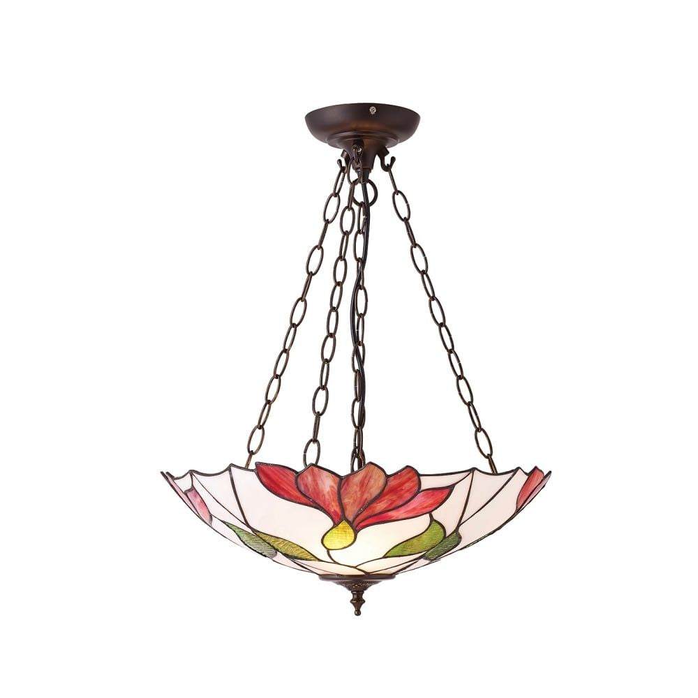 Interiors 1900 70946 Botanica Inverted 3 Light Pendant Tiffany Style Glass Bronze