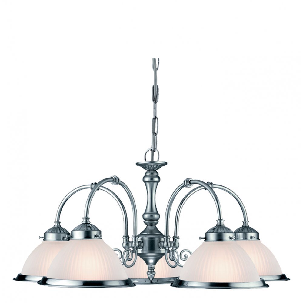 Searchlight 1045-5 American Diner - 5 Light Ceiling Satin Silver Acid Glass